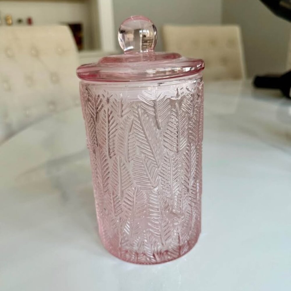 Glass Jar Canister Pink with Embossed Leaves